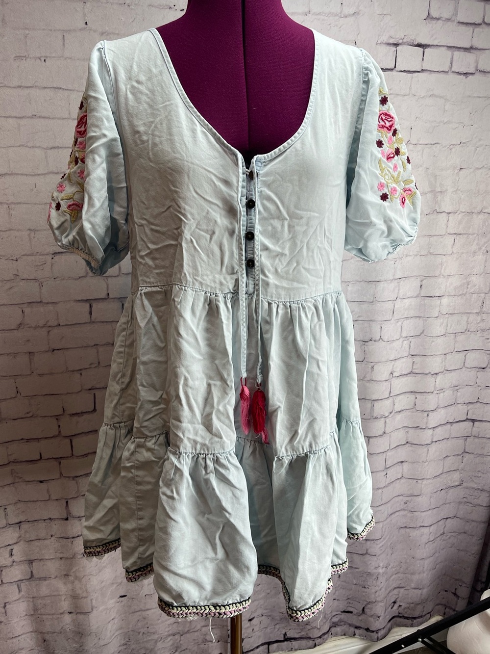 Chelsea and Violet size small tiered chambray mini dress with embroidery